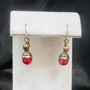 RED CRYSTAL BRONZE METAL HOOK EARRINGS